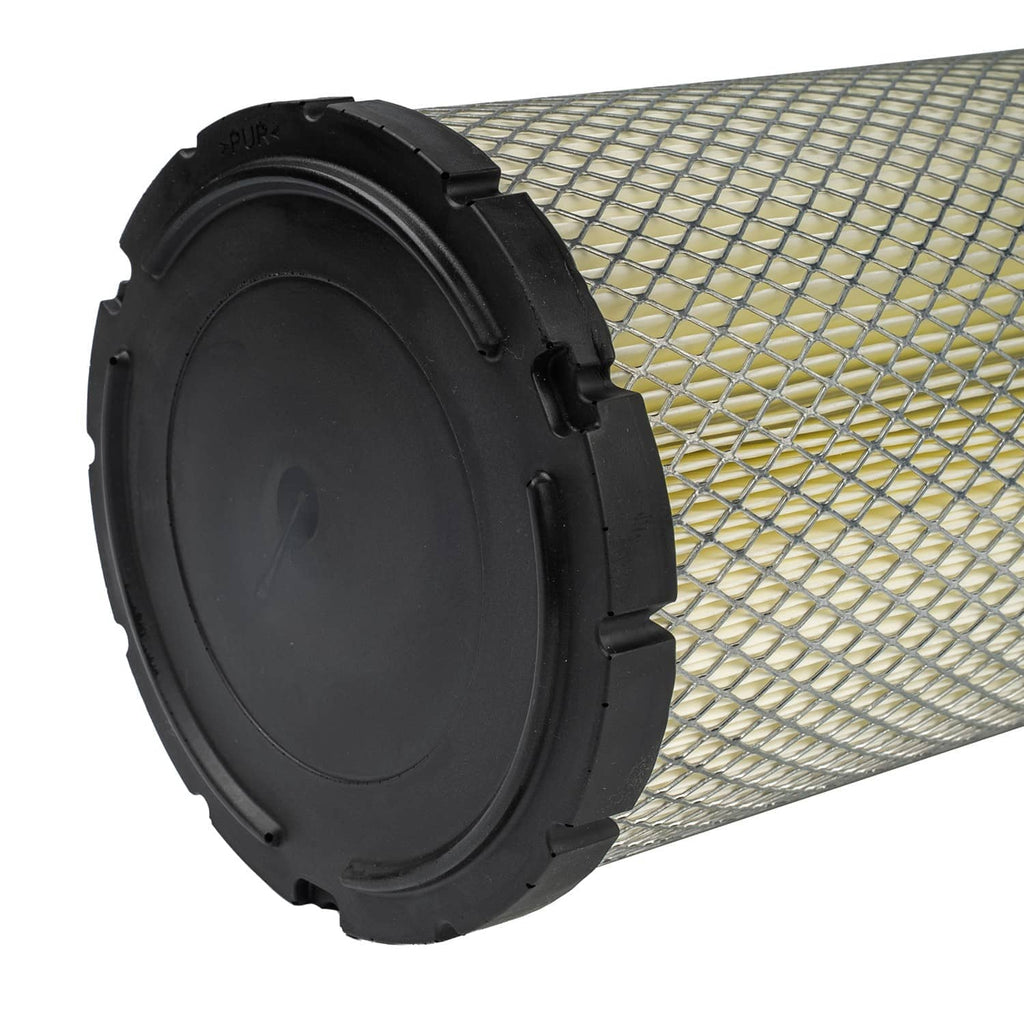 Air filter with black end housing and pleated mesh media, side view
