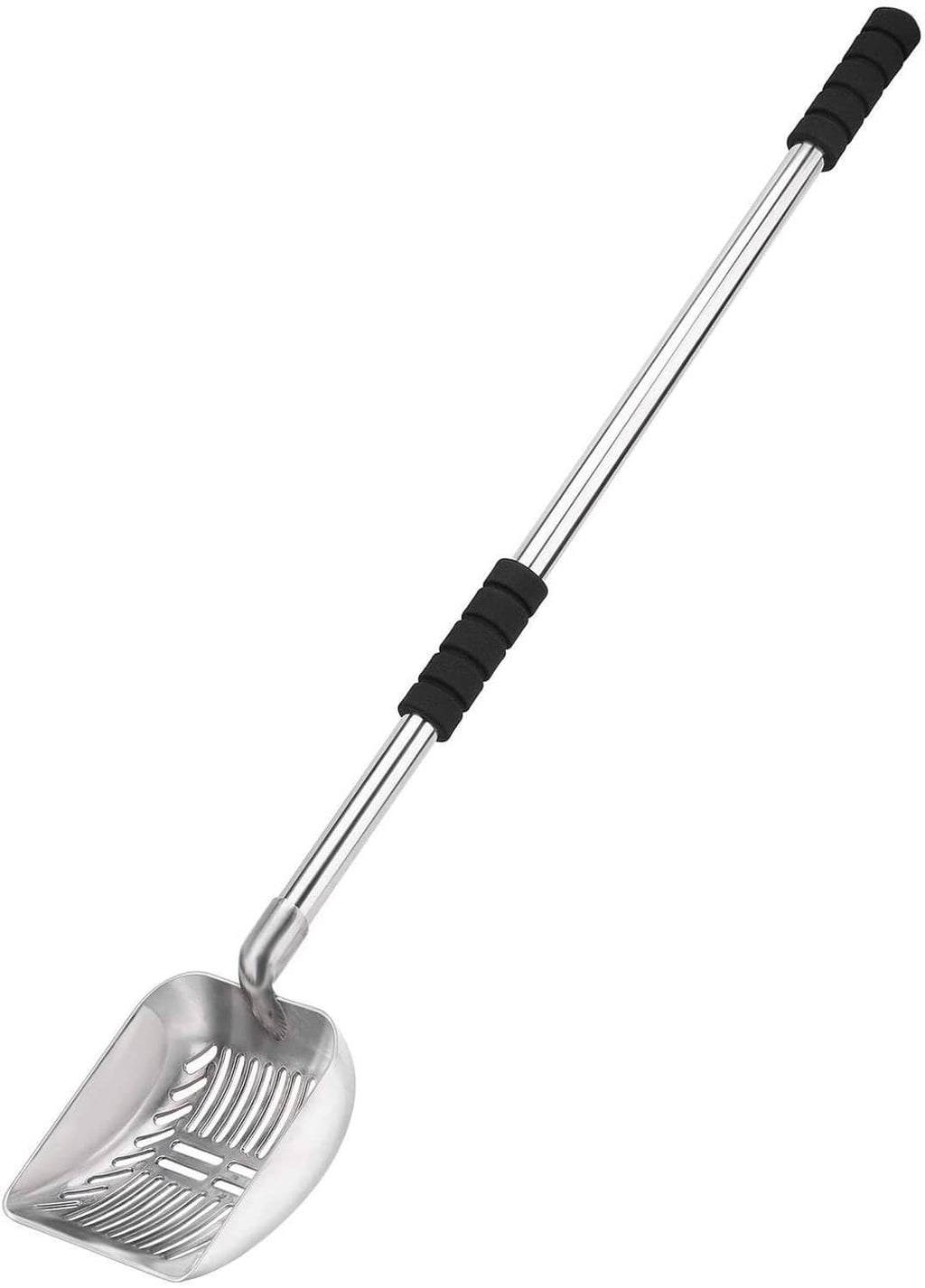 Metal cat litter scoop with long stainless handle and black grip, square sifting pan