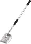 Metal cat litter scoop with long stainless handle and black grip, square sifting pan