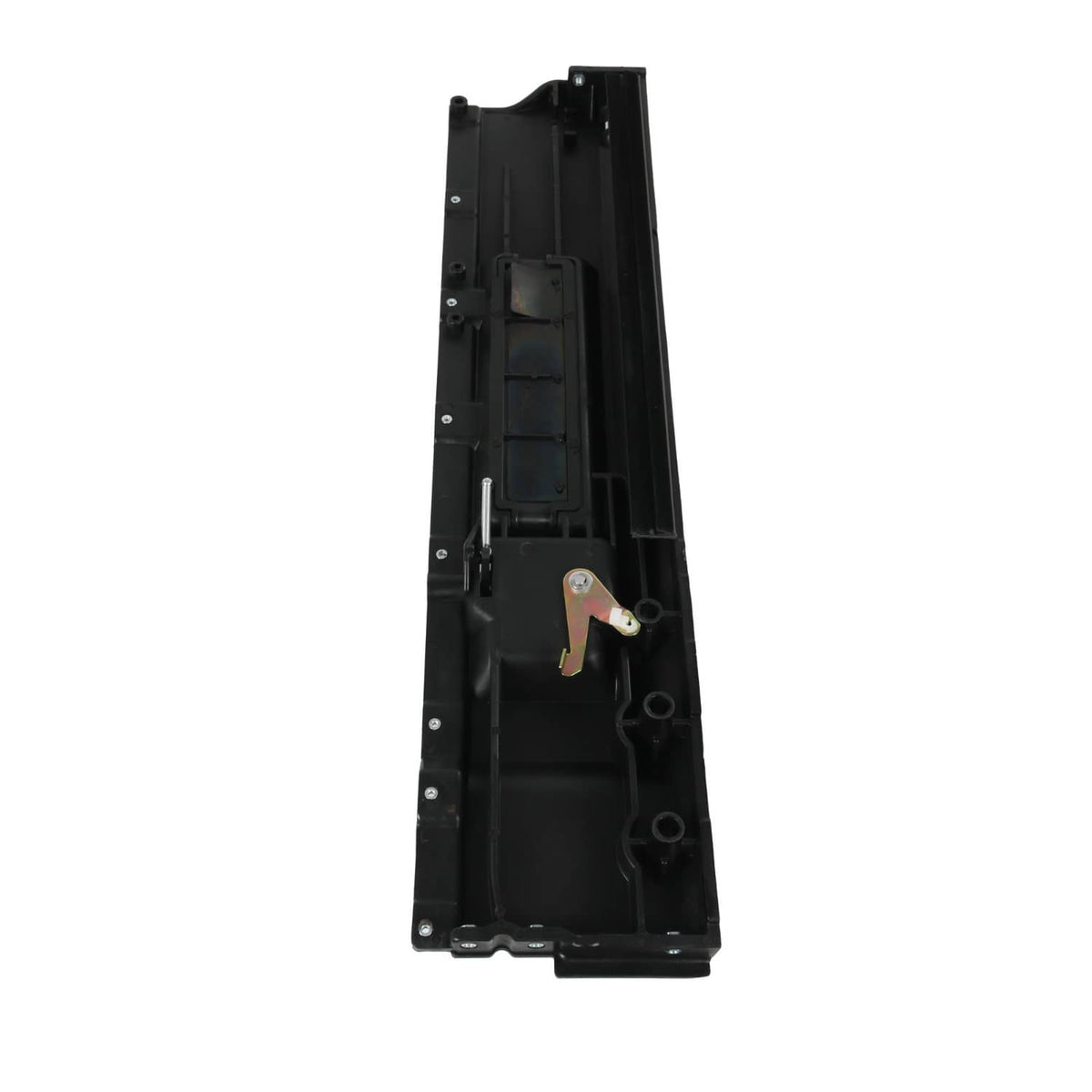 Black interior door handle cover panel with spring latch and metal mounting points