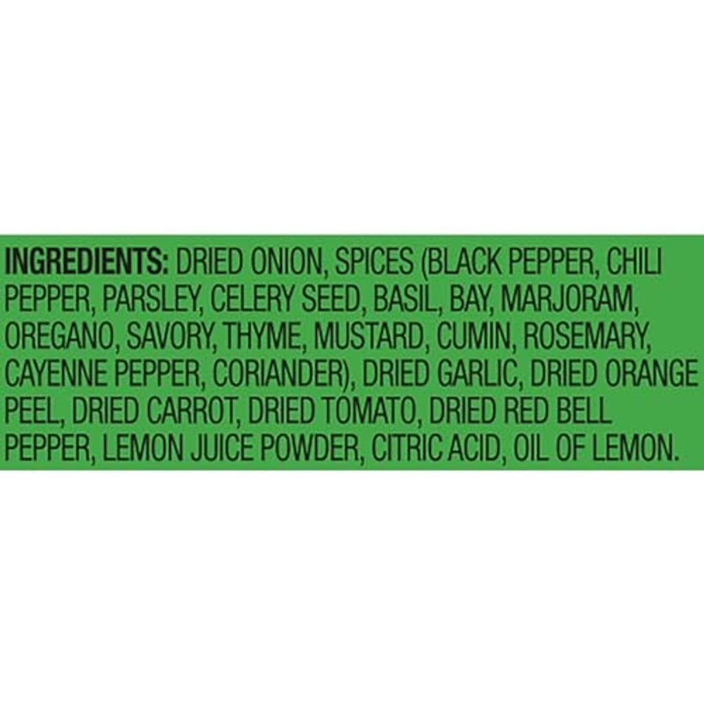 Ingredients list for salt-free table seasoning blend, including dried onion and spices.