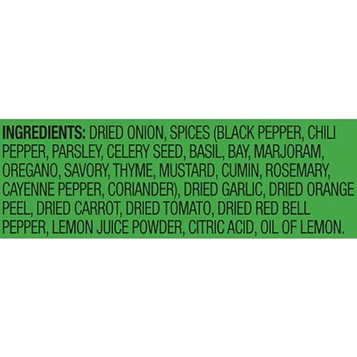 Ingredients list for salt-free table seasoning blend, including dried onion and spices.