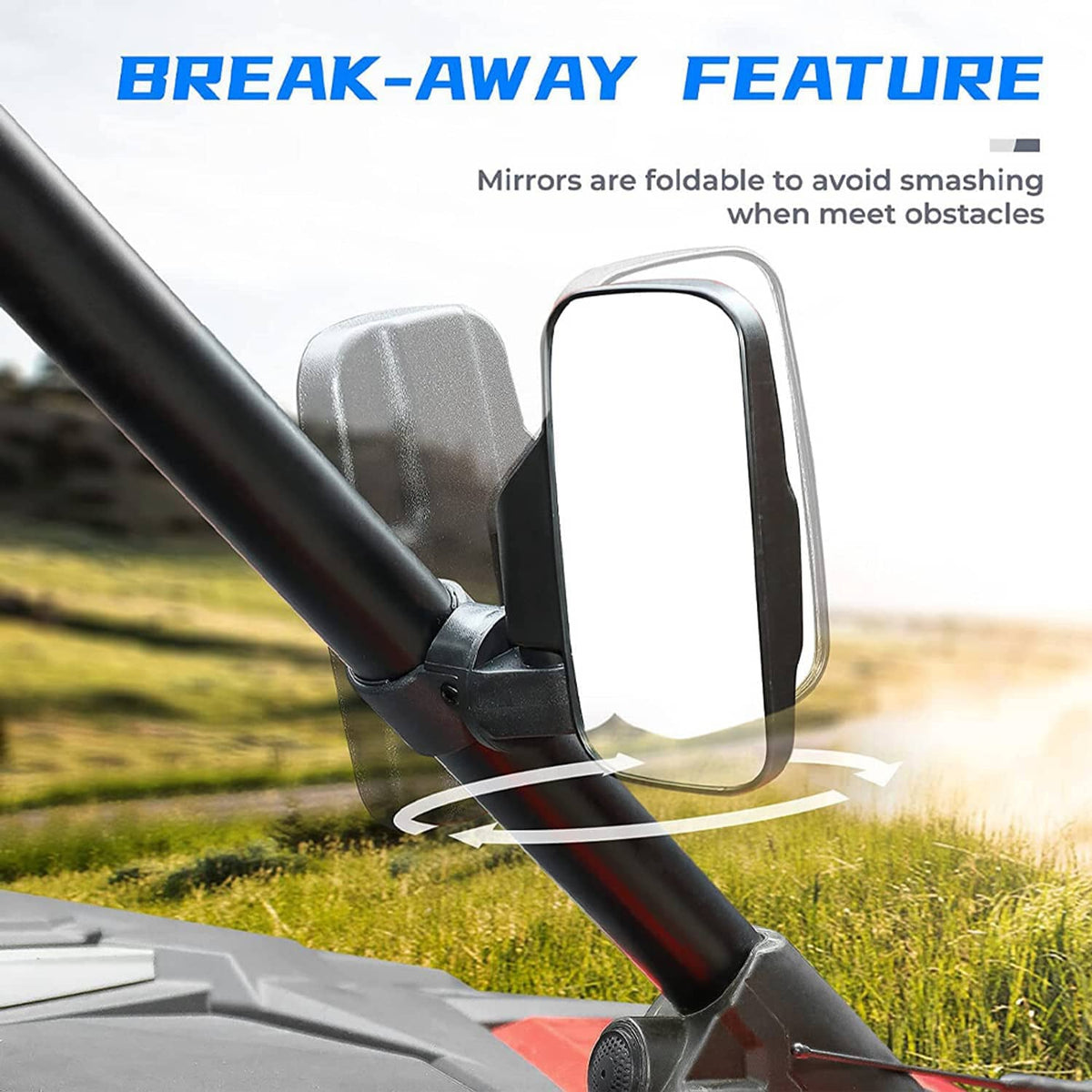 Fold-away UTV side mirror mounted on roll bar with protective housing