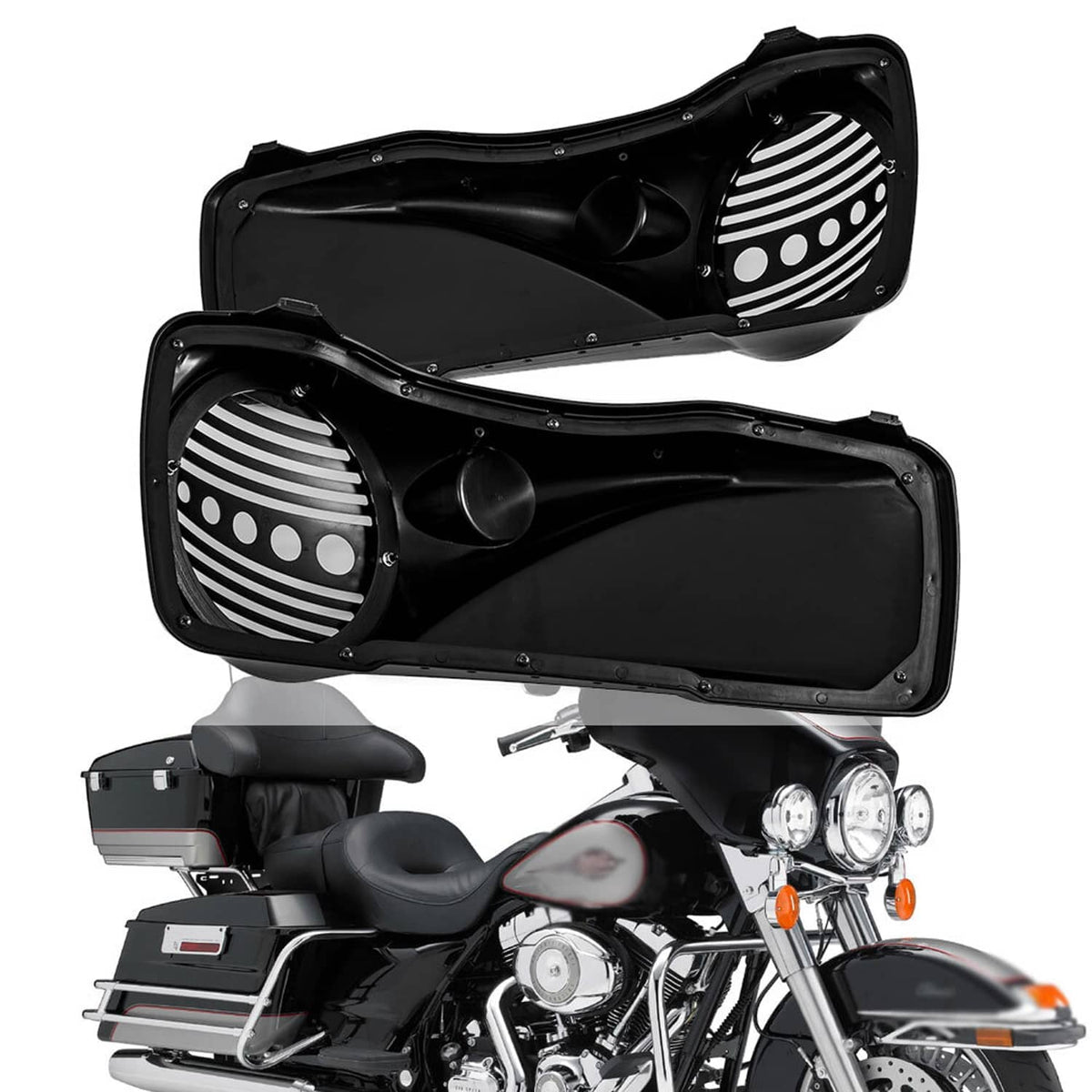 8-inch black speaker lids set with tweeter port and striped grille inserts