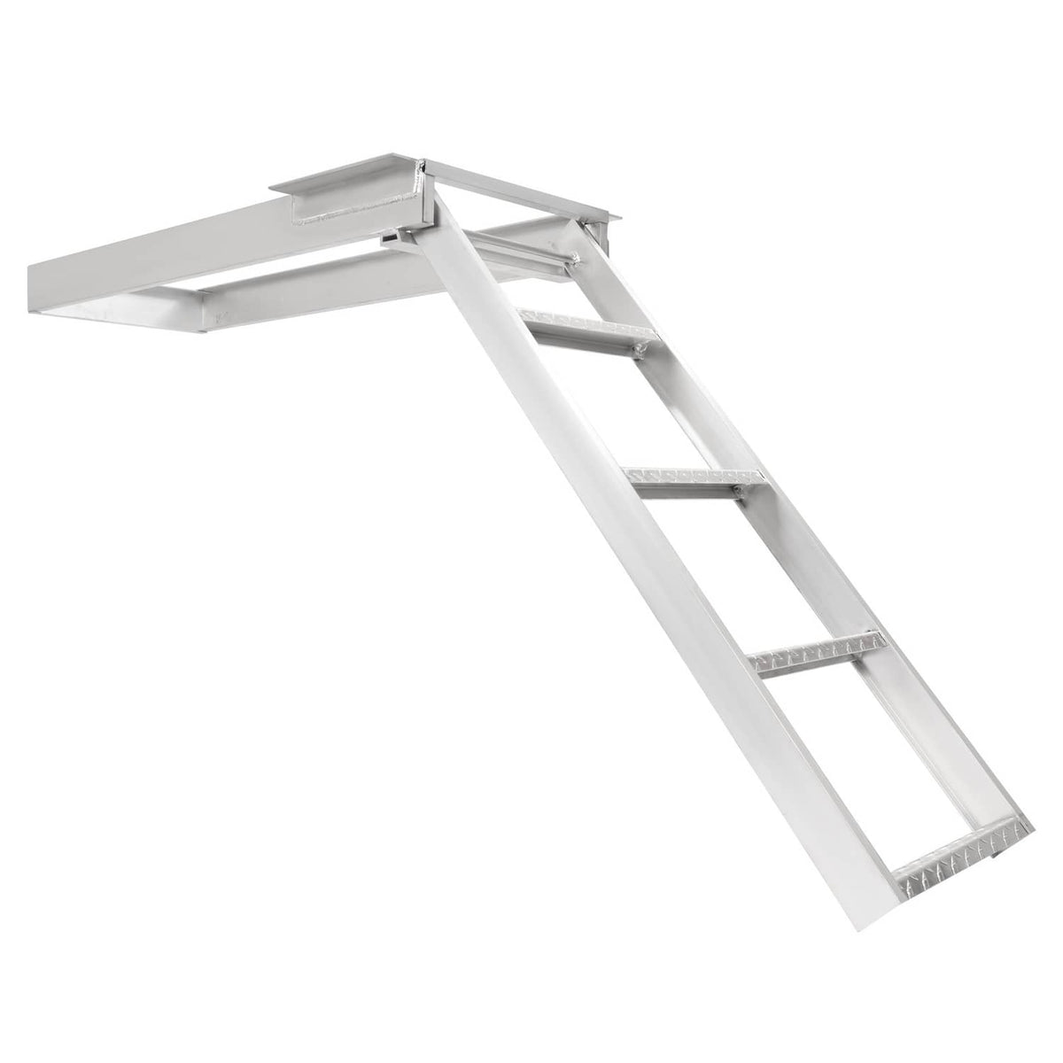 Silver 4-step under-deck boat ladder with extended rails and textured metal rungs