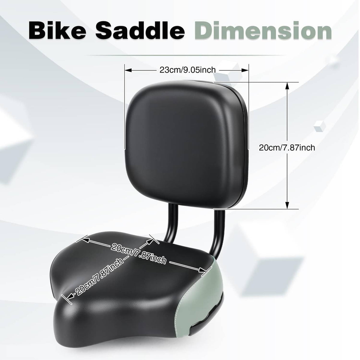 Replacement bike saddle with black backrest pad and curved seat, with size outline