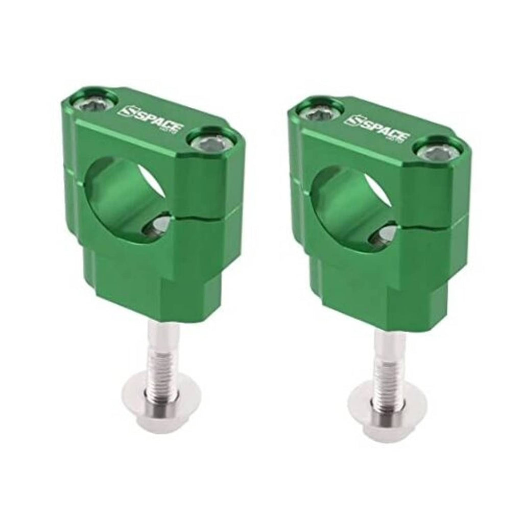 Green handlebar riser mounts pair with clamp blocks, circular bore, and silver bolts