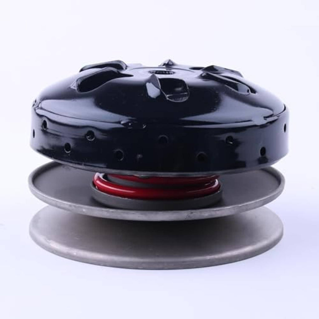 Clutch bell and clutch assembly, glossy black cover with red spring ring on gray base