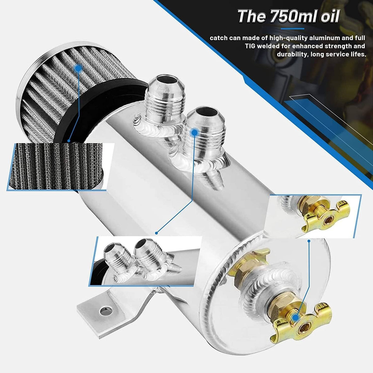 Aluminum oil catch can reservoir with two threaded ports, breather filter, and bracket