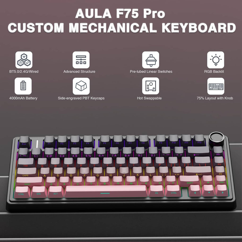 Custom 75% mechanical keyboard with pink and black keycaps, featuring a volume knob