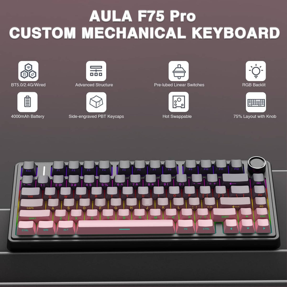 Custom 75% mechanical keyboard with pink and black keycaps, featuring a volume knob