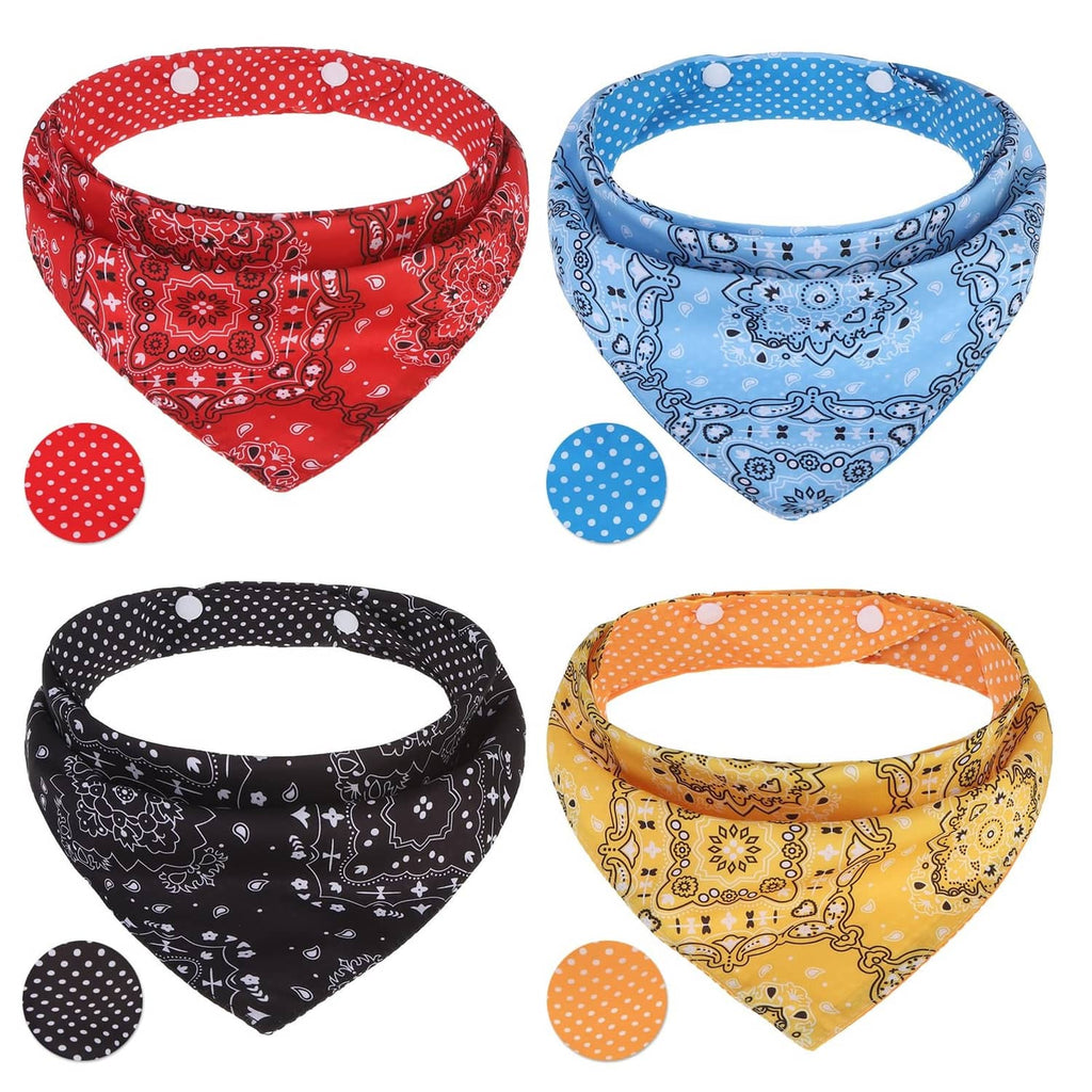 Reversible dog triangle bandana set with red, blue, black, and orange paisley patterns