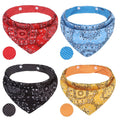 Reversible dog triangle bandana set with red, blue, black, and orange paisley patterns