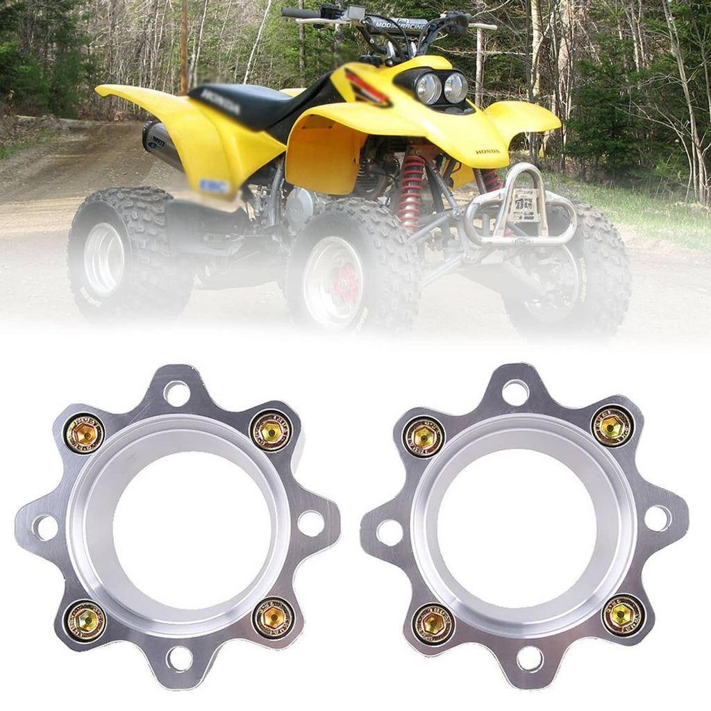 Two silver rear wheel spacers with gold bolt heads and mounting holes, paired