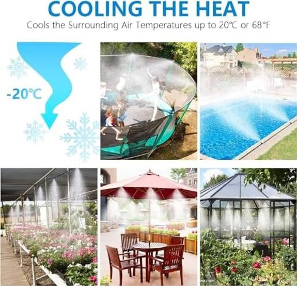 Outdoor misting cooling system with multiple spray streams under canopy and in garden
