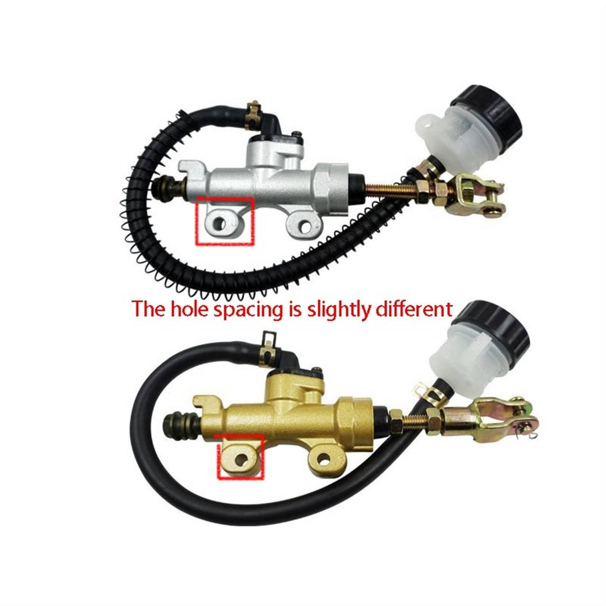 Rear brake master cylinder pump underside showing mounting holes on silver and gold units