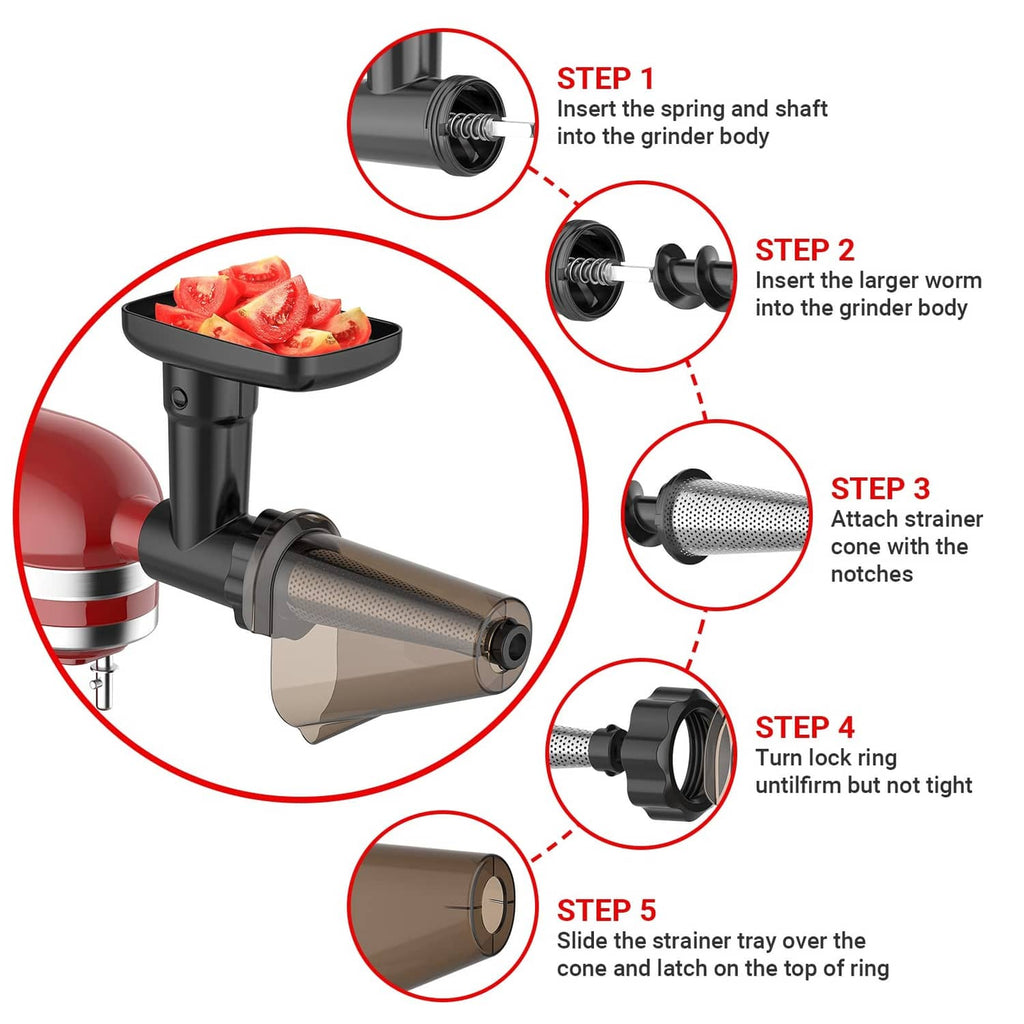 Black strainer attachment shown with conical strainer and locking ring