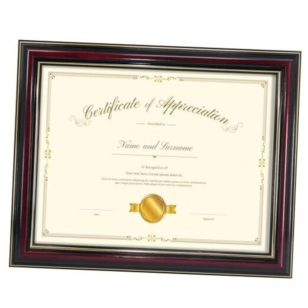 Cherry wood diploma frame with glossy border, no mat, certificate document display