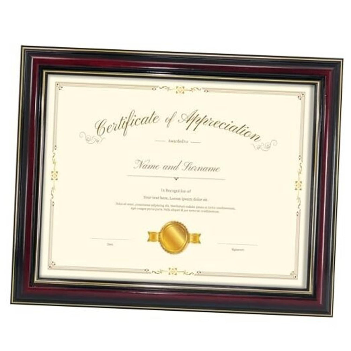 Cherry wood diploma frame with glossy border, no mat, certificate document display