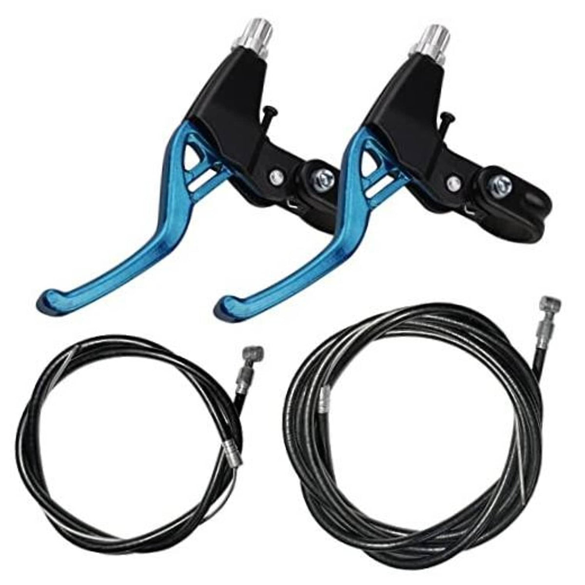 Blue V-brake calipers with two black brake cables and silver hardware