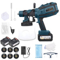 Cordless paint sprayer with teal/black body, white cup, and two battery packs
