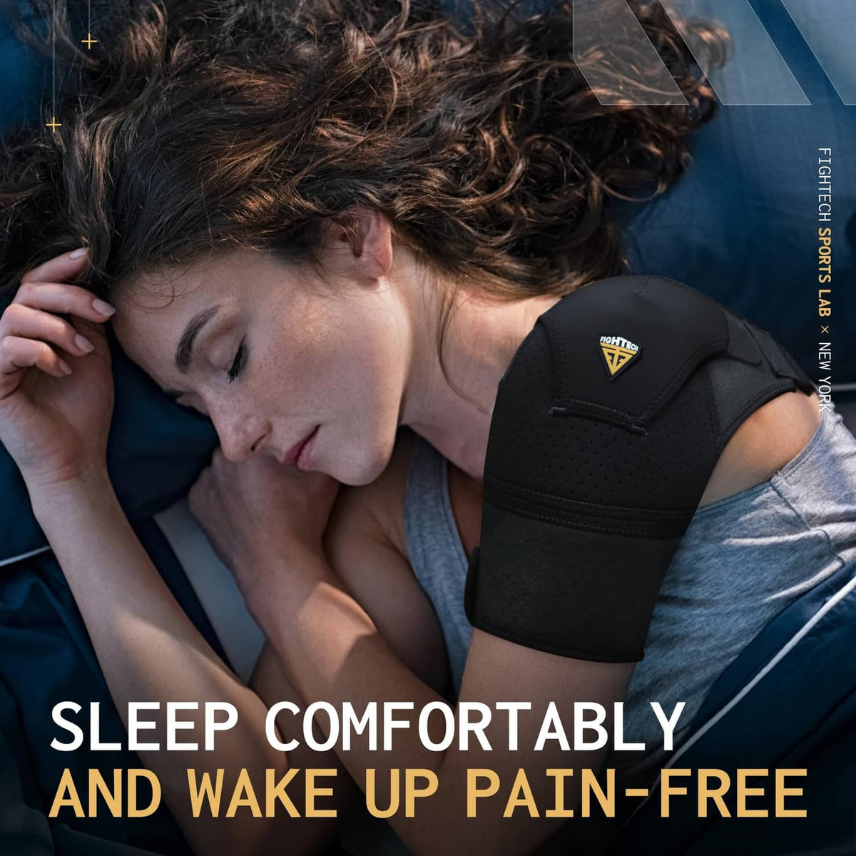 Black shoulder brace with padded shoulder support while lying down
