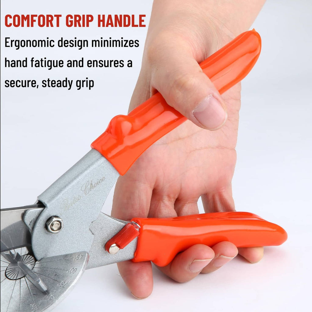 Ergonomic orange handle on miter shears for steady grip and reduced hand fatigue