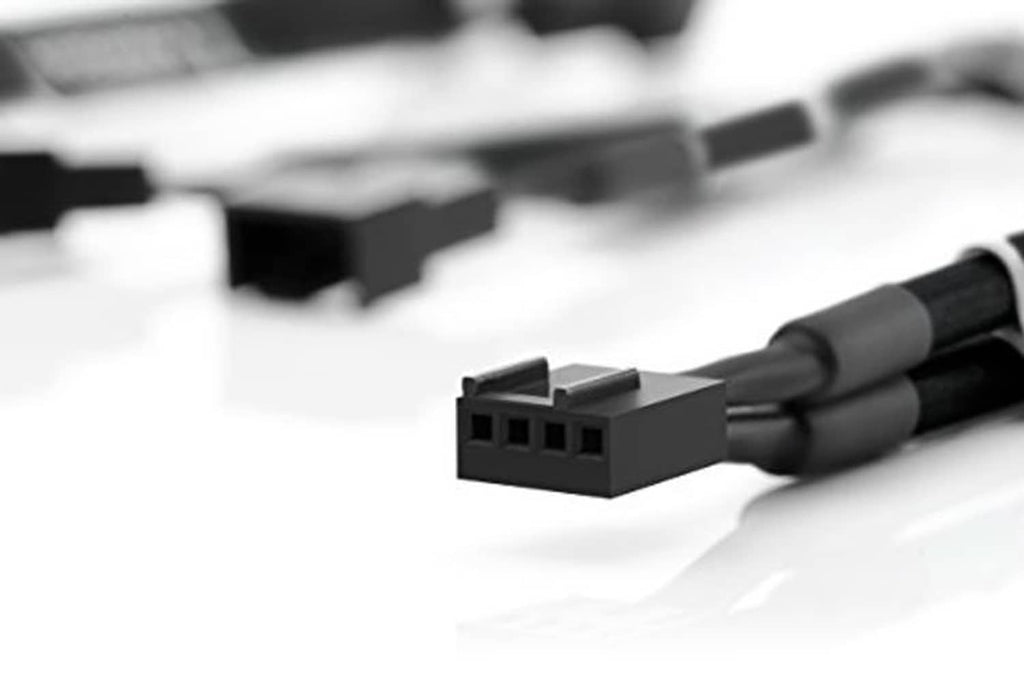 Black 4-pin PWM fan Y-splitter cable close-up with two 4-pin connectors