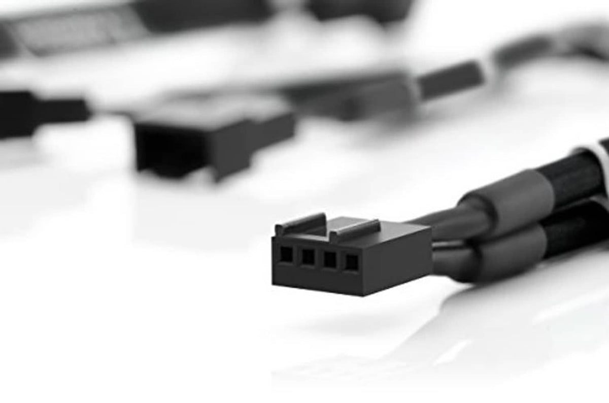 Black 4-pin PWM fan Y-splitter cable close-up with two 4-pin connectors