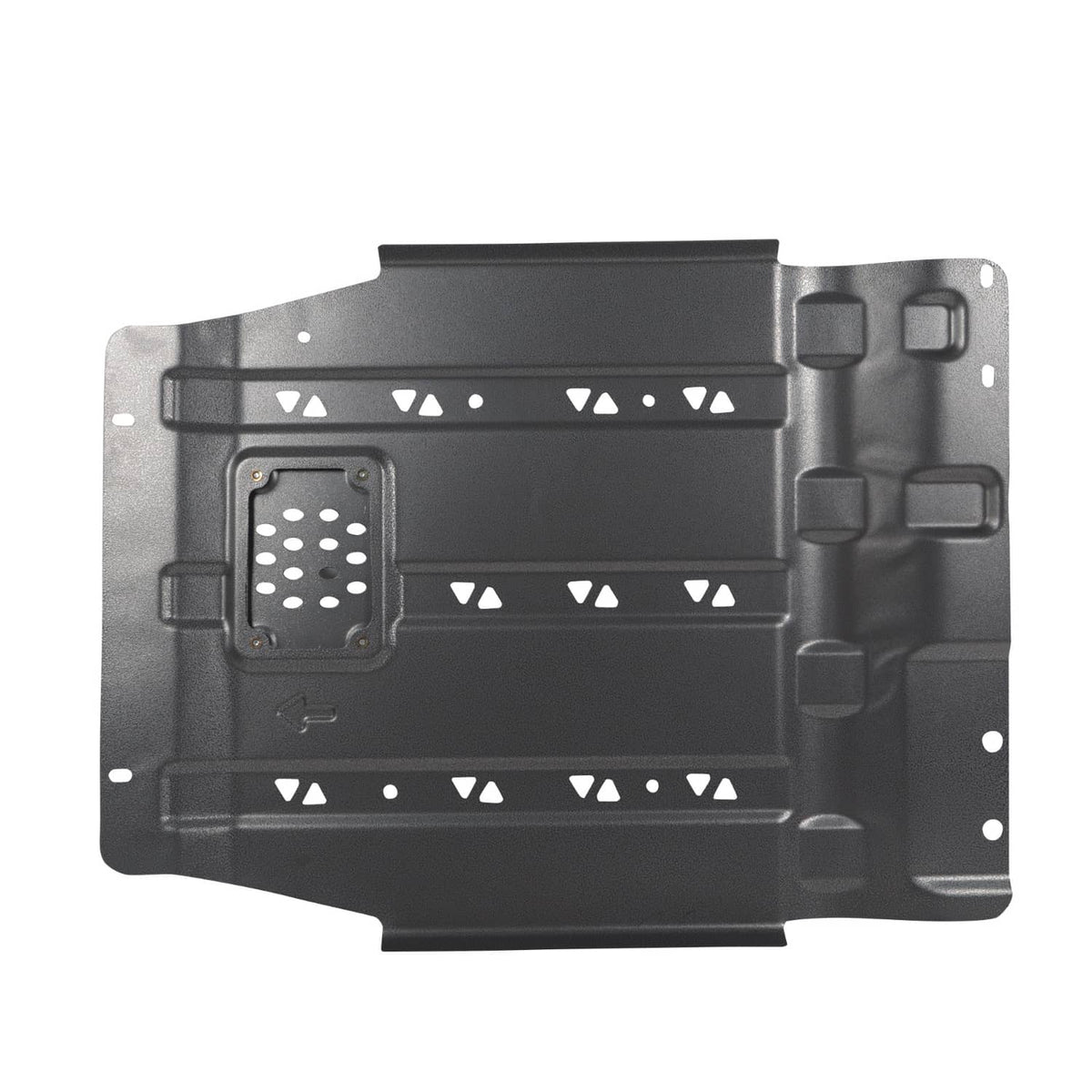 Black skid plate with perforated access panel and side mounting brackets