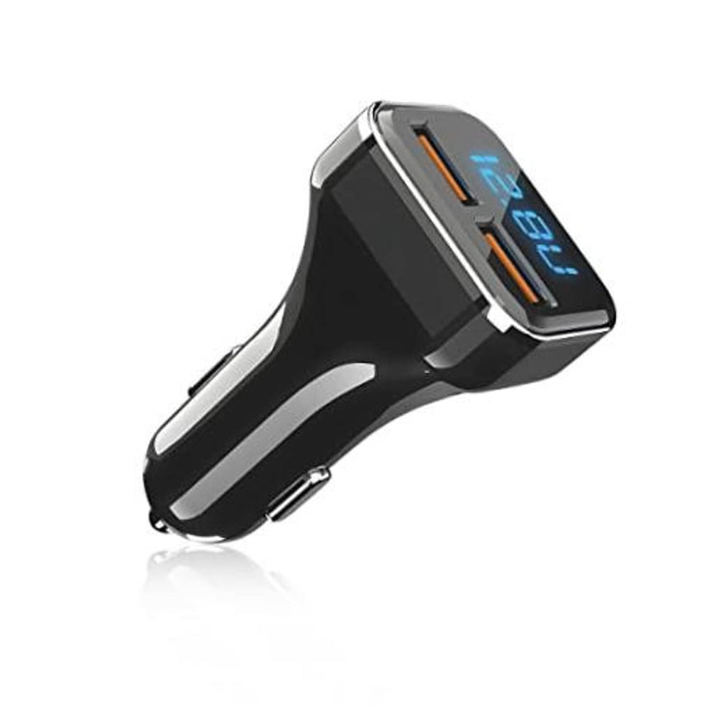 Dual USB car charger with blue LED volt display and orange charging indicator strip