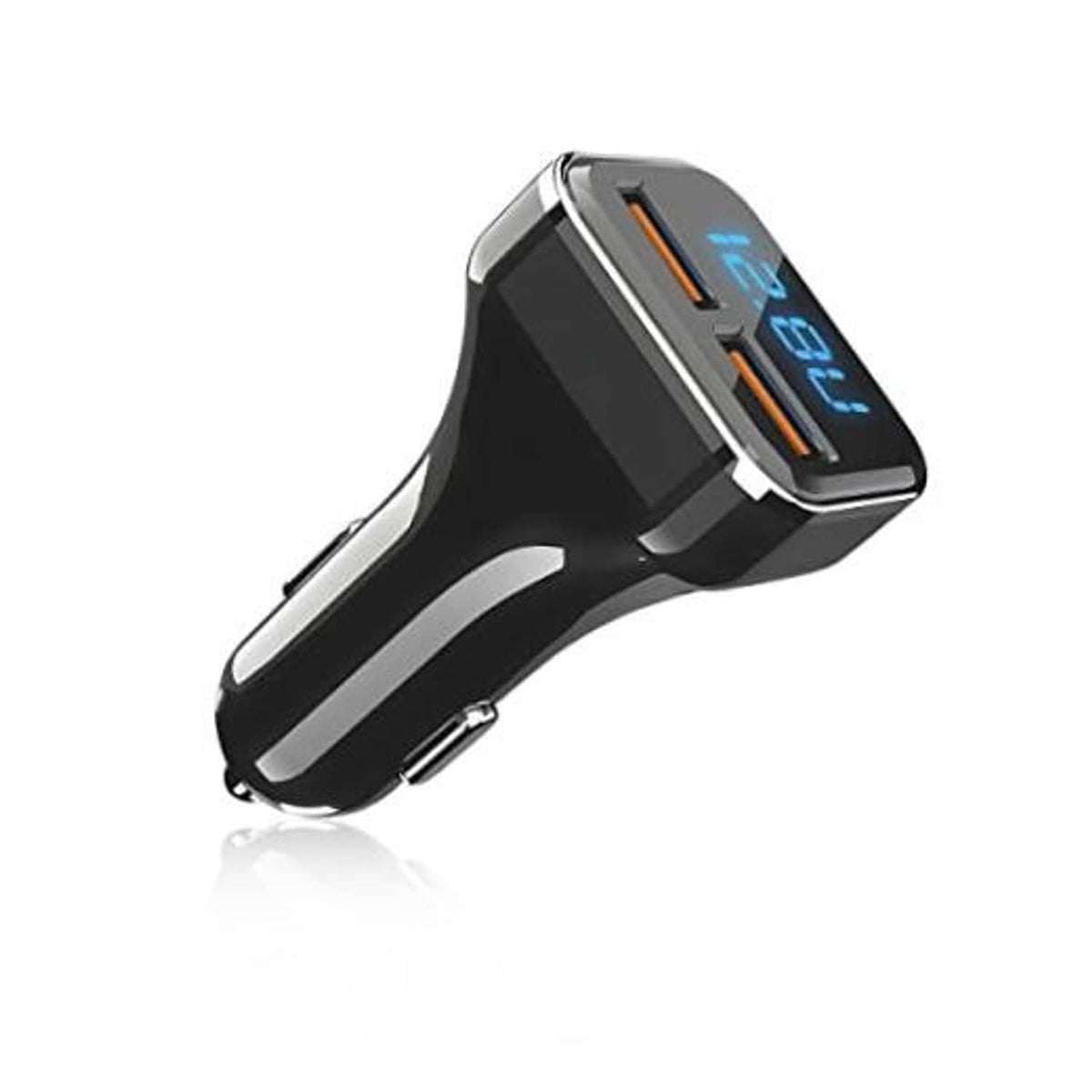 Dual USB car charger with blue LED volt display and orange charging indicator strip