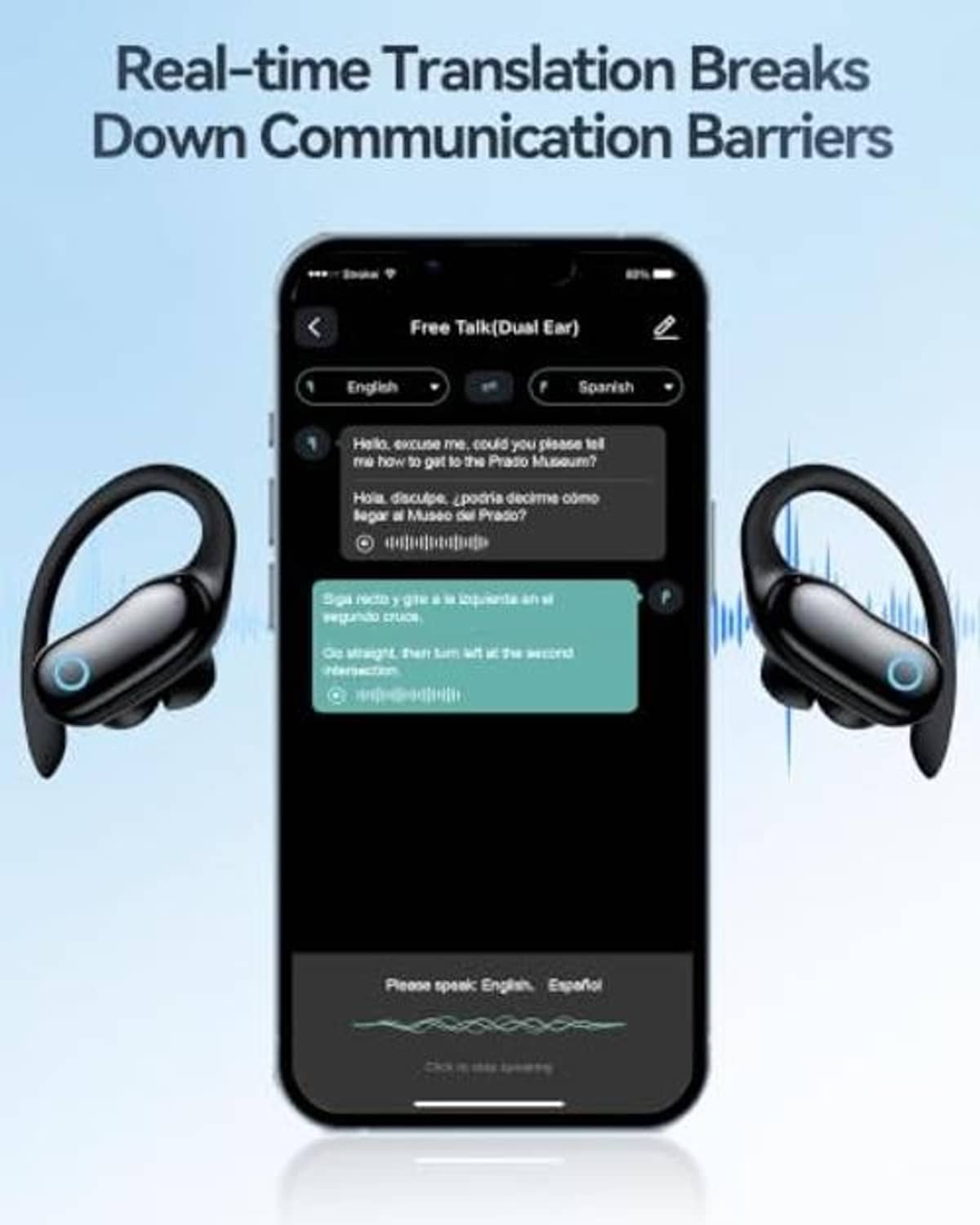 Black earbuds with visible translation chat on a smartphone screen.