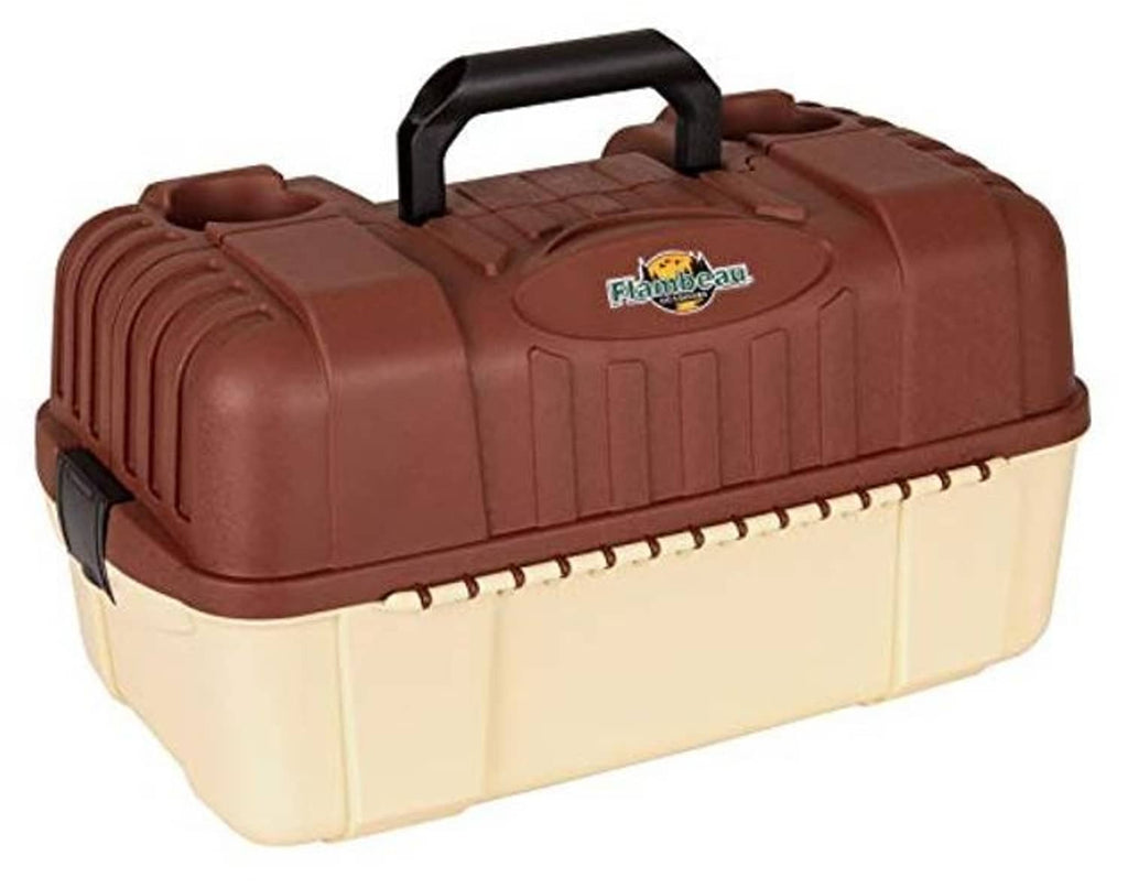 Large fishing tackle box with brown top, cream bottom, and black handle with molded grip