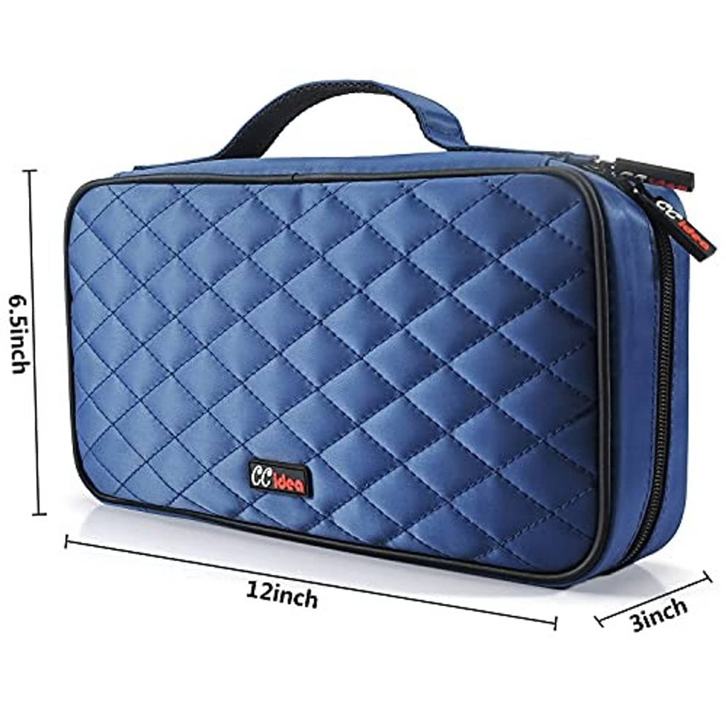 Blue quilted CD/DVD storage wallet with top handle and front zipper pocket.