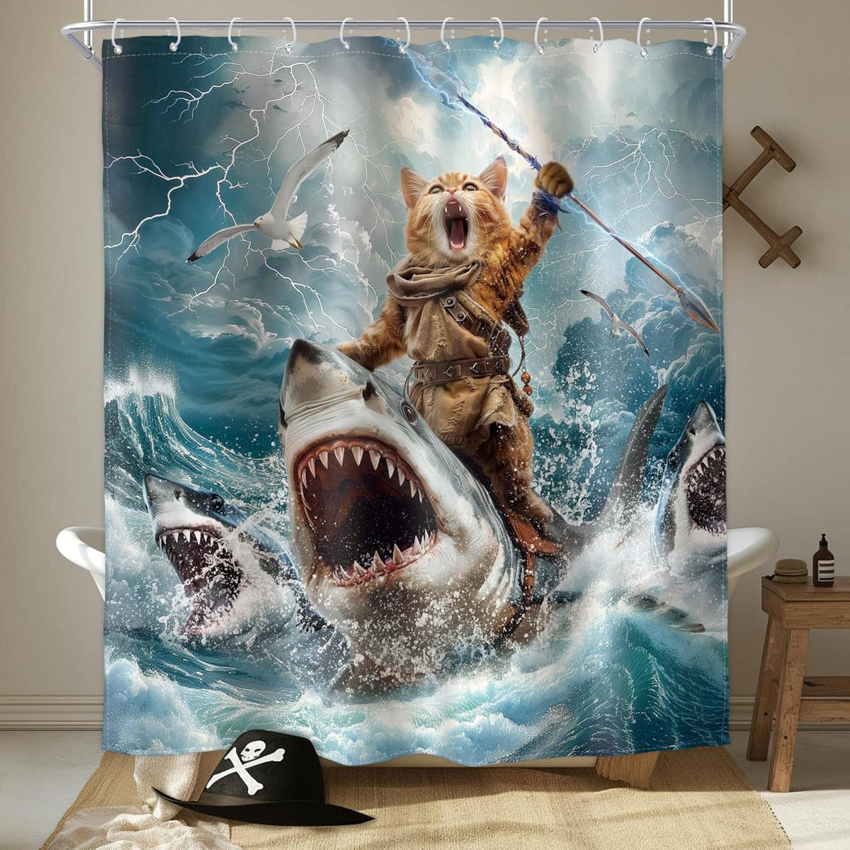 Ocean cat-and-shark shower curtain with grommet top and open-mouthed shark, splashing waves
