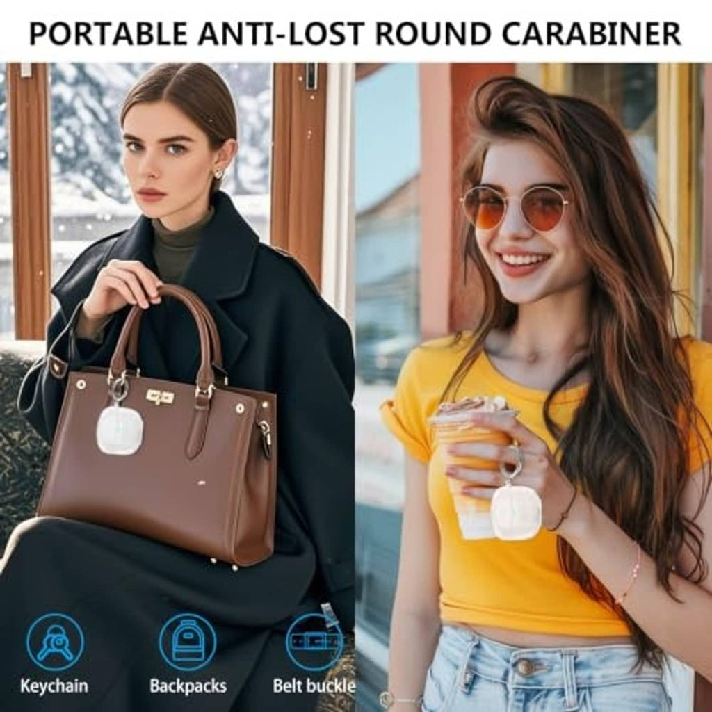 Round carabiner keychain attached to a clear glitter earbuds case on a handbag