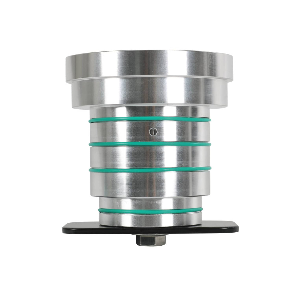 Metal drum tester with green sealing bands and black base plate, front view