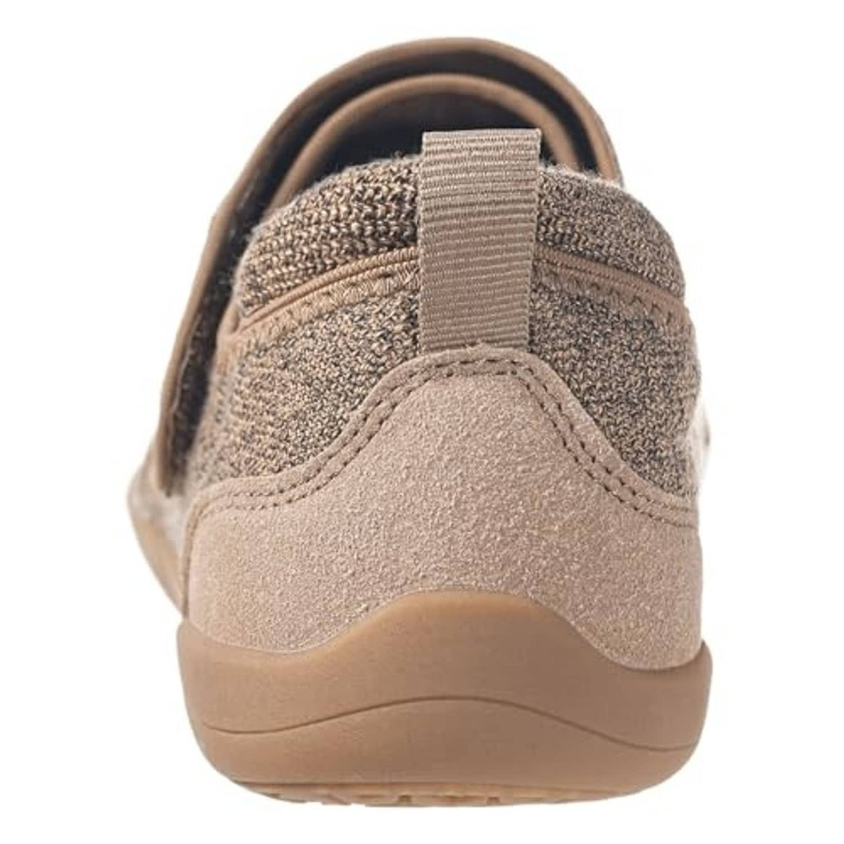 Men's beige slip-on slipper heel view with fabric back collar and strap