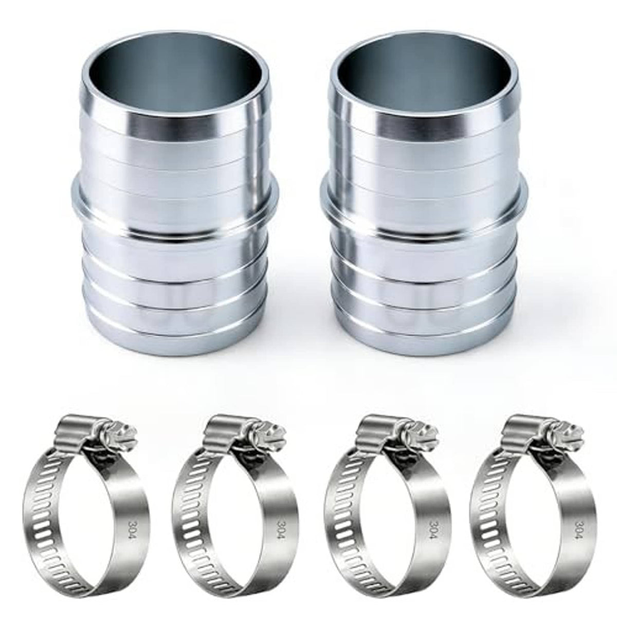 Aluminum hose barb repair couplers, two couplers and four clamp bands shown