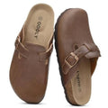 Mocha unisex vegan leather slip-on clogs with buckle strap and cork-wrapped sole