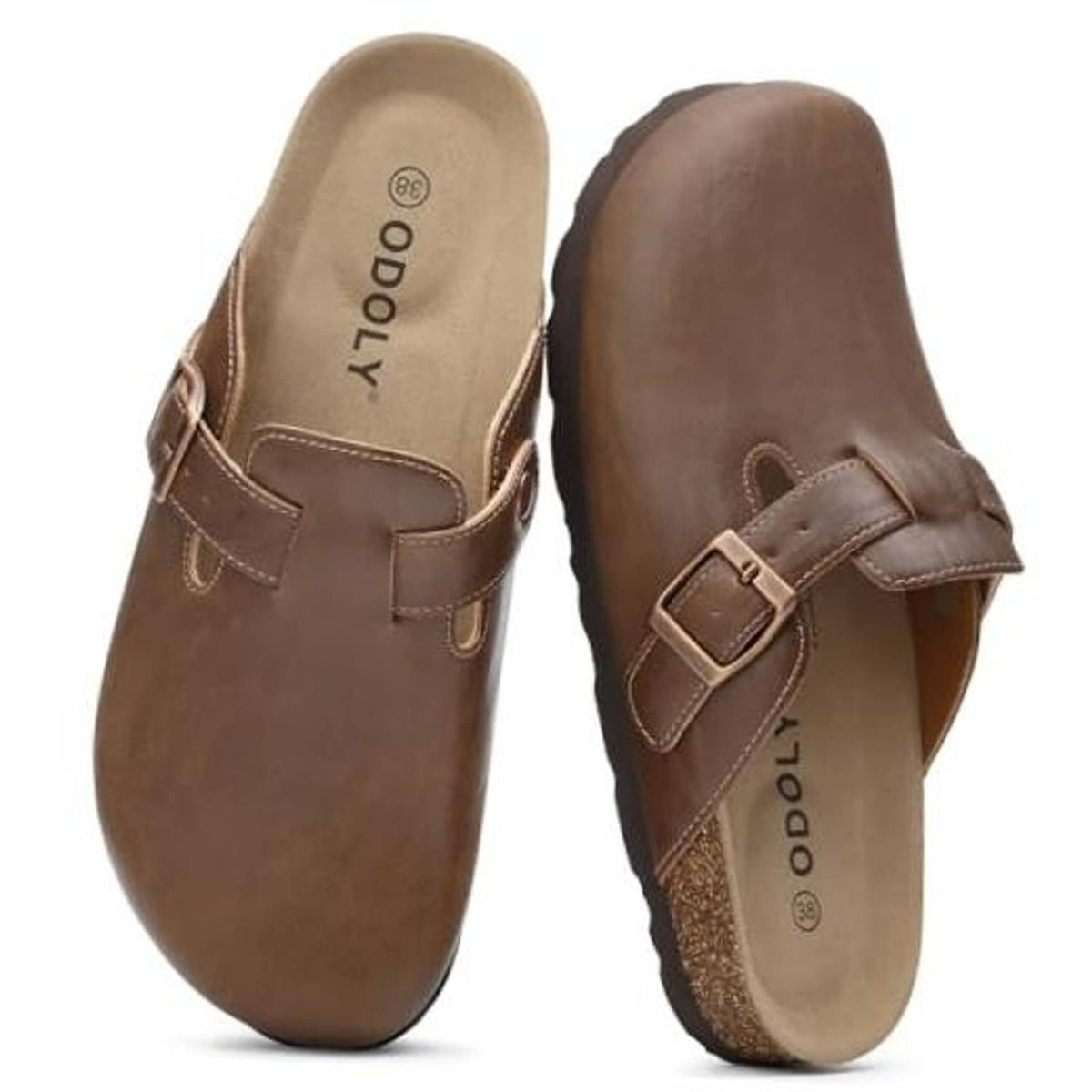 Mocha unisex vegan leather slip-on clogs with buckle strap and cork-wrapped sole
