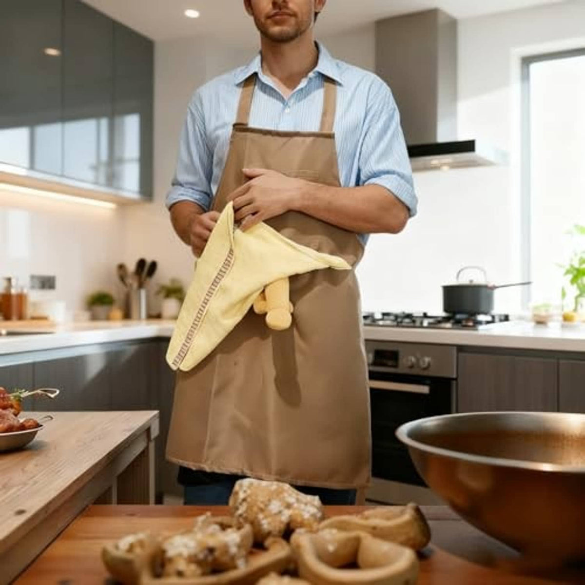 Brown cooking apron with tan front panel, wide chest bib, adjustable straps