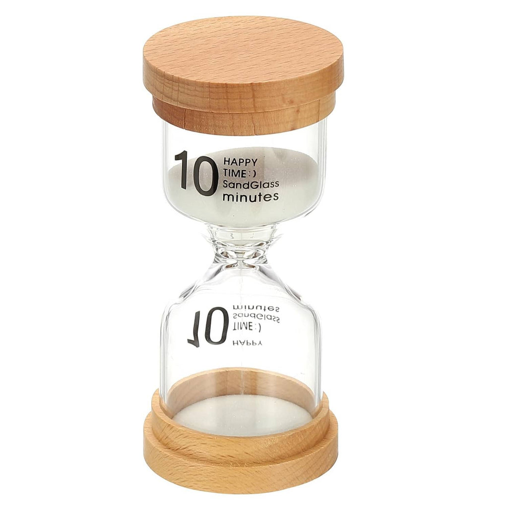 10-minute wooden sand timer with clear glass body and round wood top and base