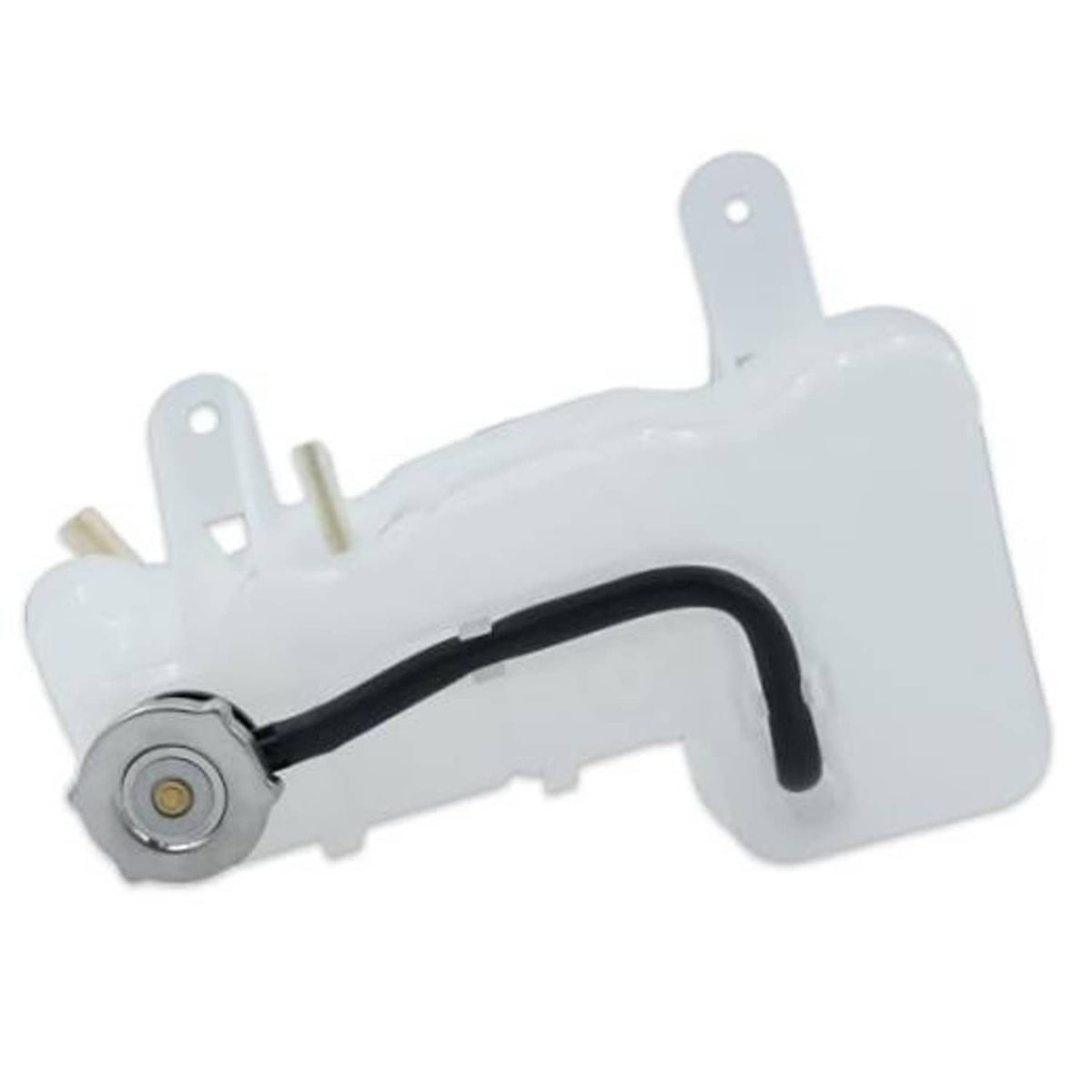 White engine coolant reservoir tank with black hose and metal cap, isolated