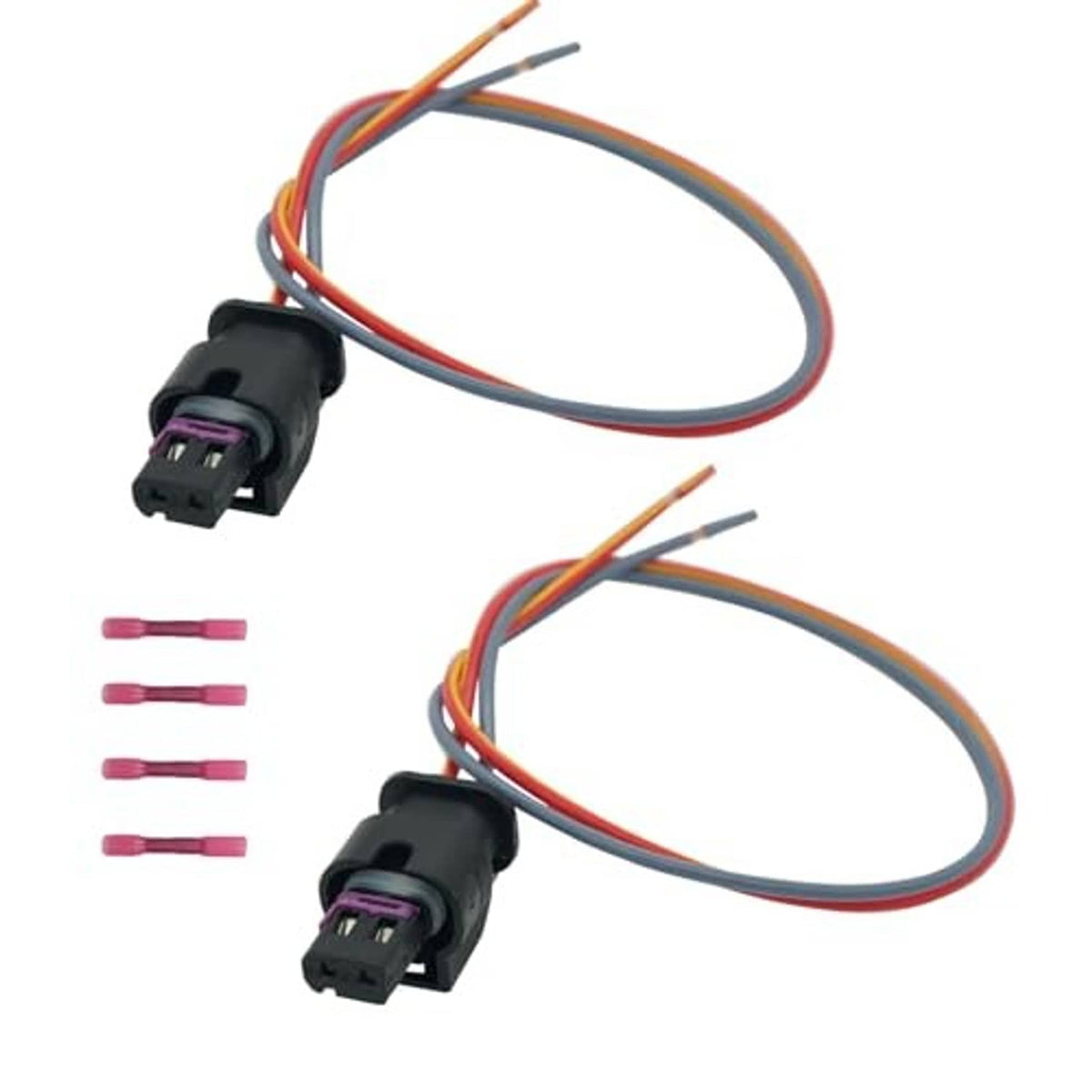 Two black 2-pin license plate light wiring pigtail connectors with colored wire leads