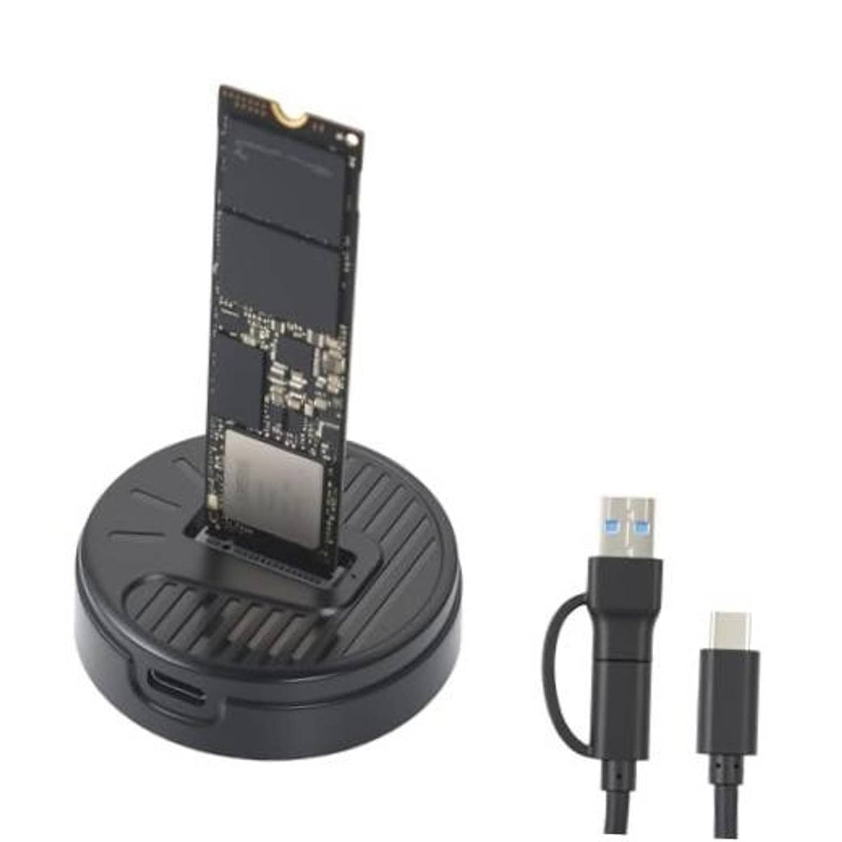 M.2 NVMe to USB adapter with circuit card in round docking base