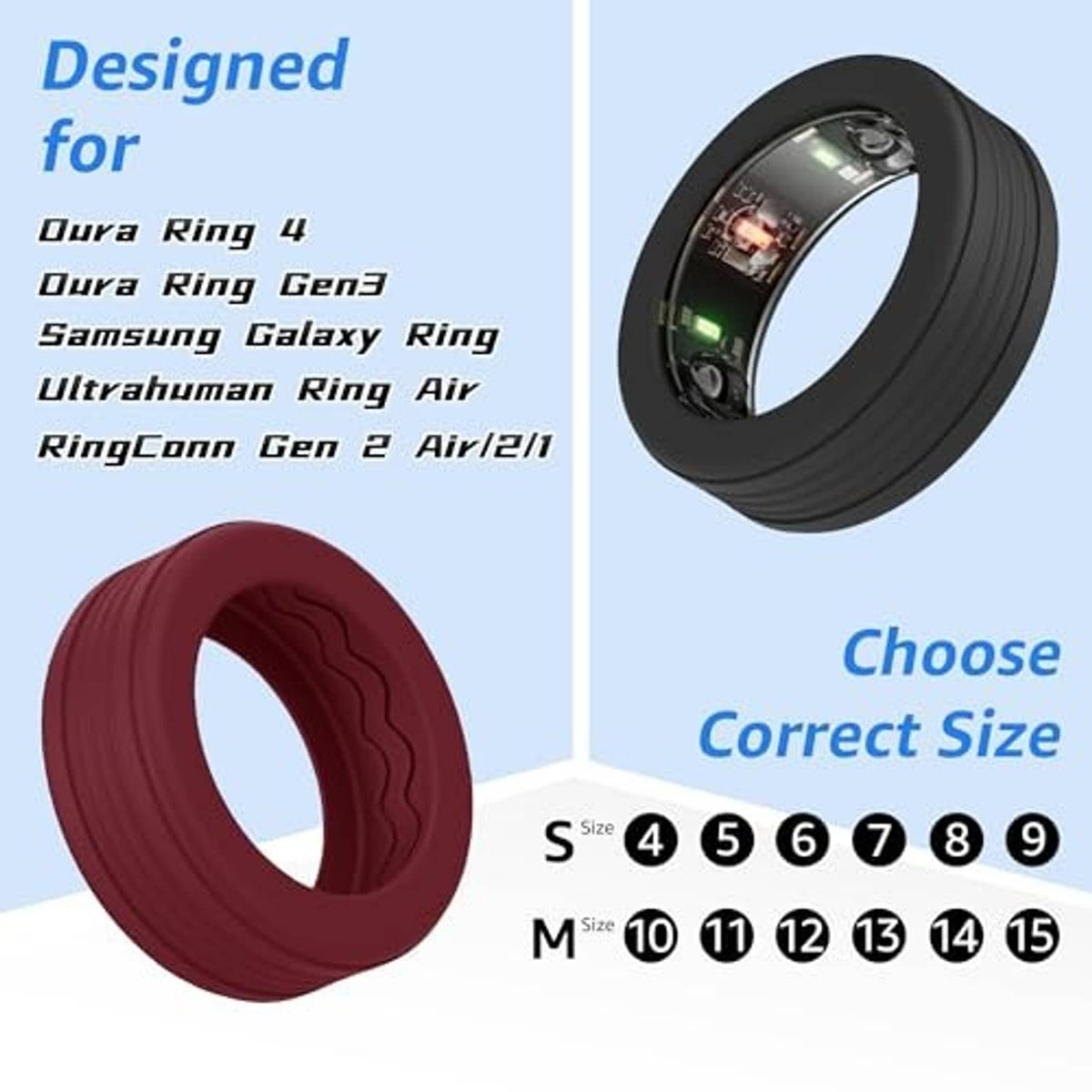 Black silicone ring cover with contoured fit for Oura ring sizing
