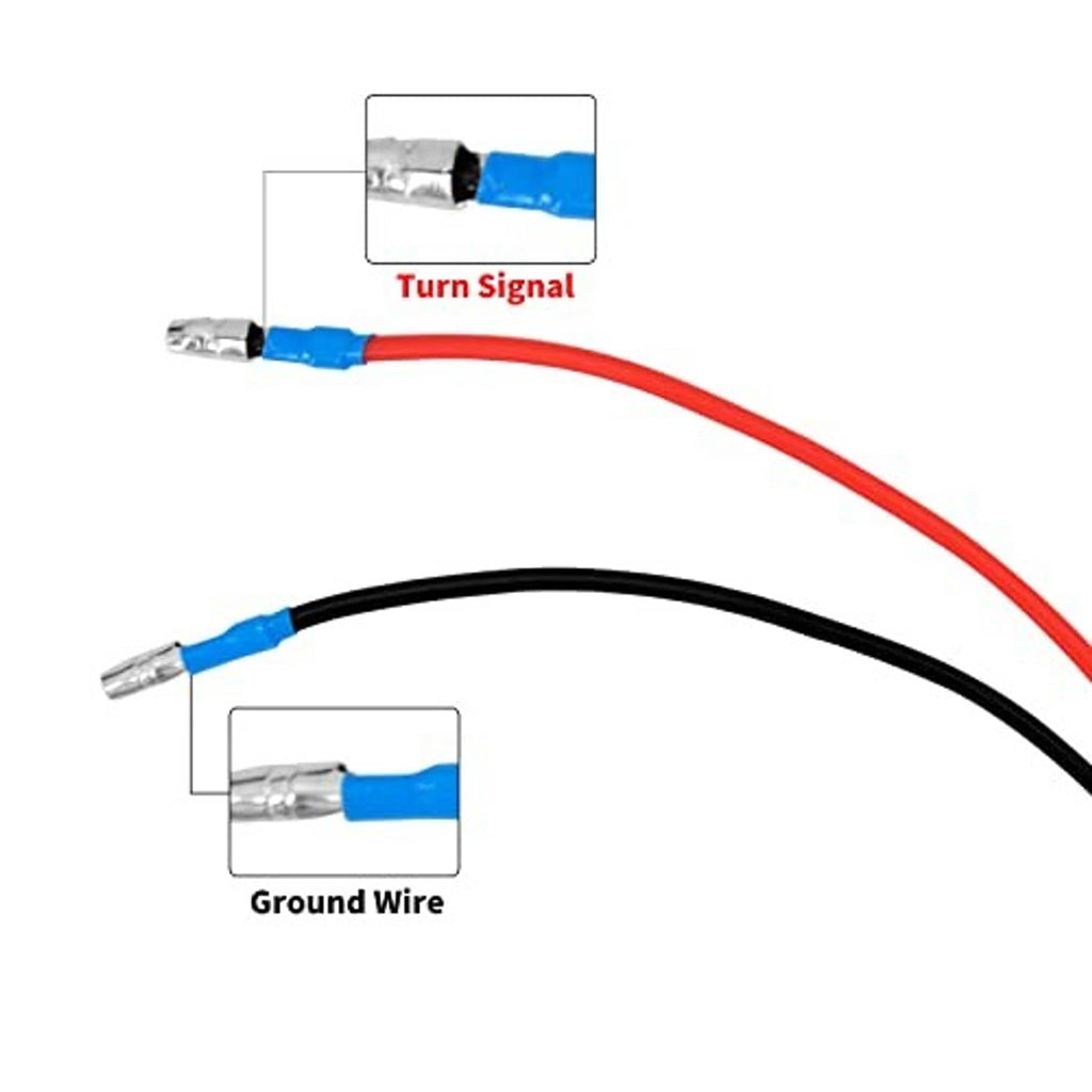 Turn signal wiring harness with red and black leads and blue-tipped connectors