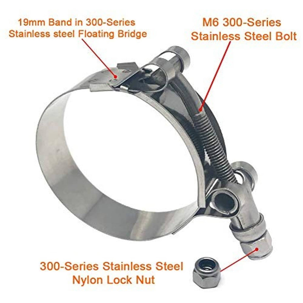 Stainless steel T-bolt hose clamp with hex bolt, band housing, and locking nut